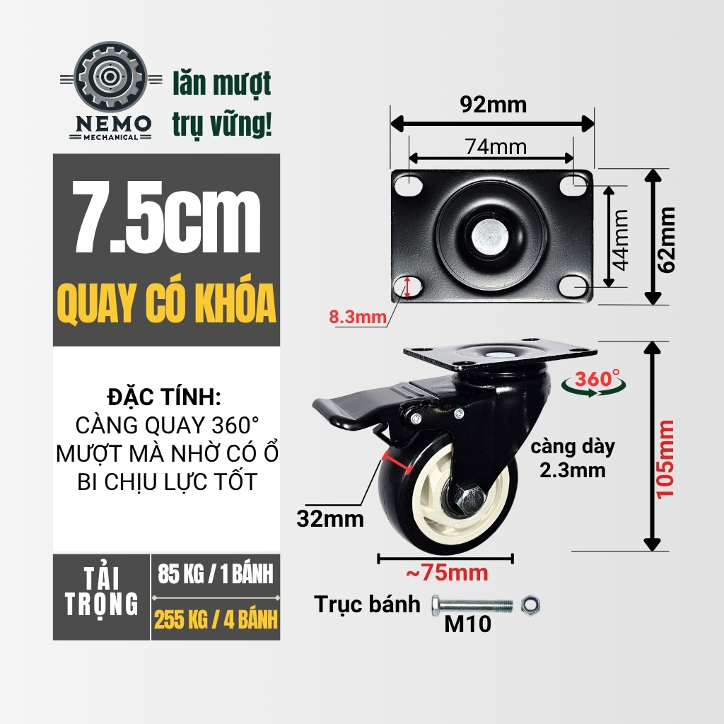 Bánh xe đẩy hàng đen trắng, mặt bích, có bạc đạn, đk bánh 4cm và 5cm, tải trọng 40-50kg/1bánh
